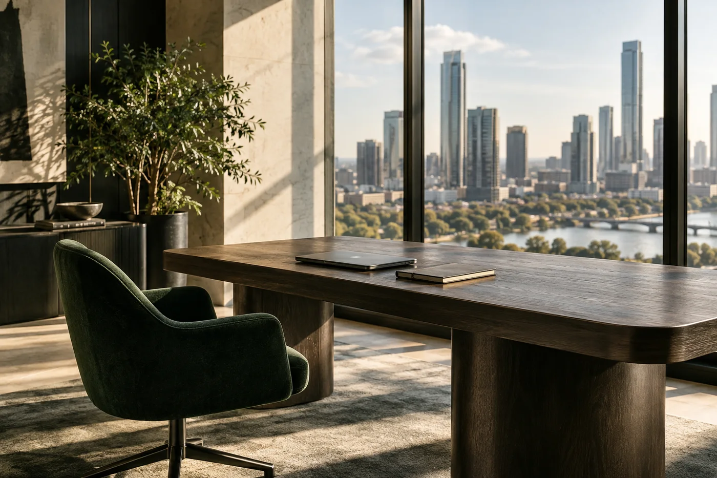 A calm, sunlit office with a desk, notebook and forest-green chair